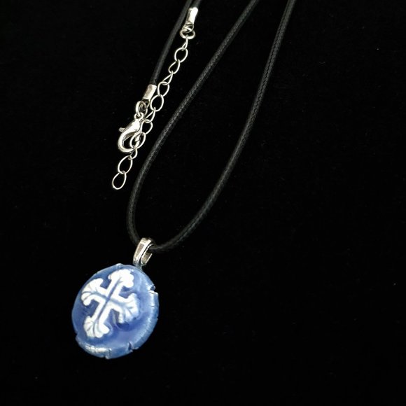 Handmade Ceramic Blue Fleur De Lis Cross Pendant Necklace - Picture 4 of 14